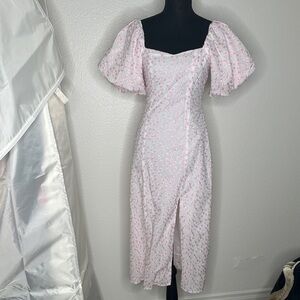 GB NWT Chic Light Pink Floral Midi Dress with Puff Sleeves